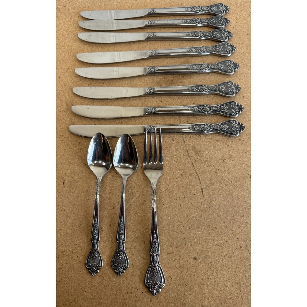 Vtg NORMANDY Stainless Steel Flatware Floral Rose Japan 11 Pcs